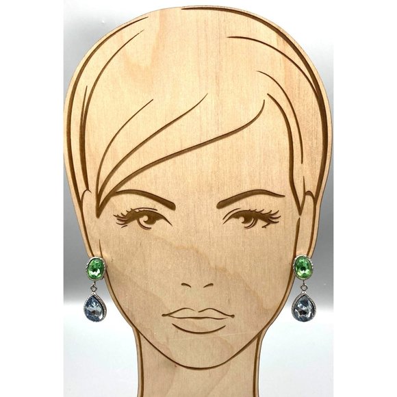 Vintage Faceted Crystals Dangle Earrings, Oval Green Drops to Pale Blue Teardrop - Picture 3 of 5
